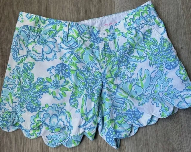NWOT Lilly Pulitzer Blue Floral Lobster Print Buttercup Scalloped Shorts Size:00 2