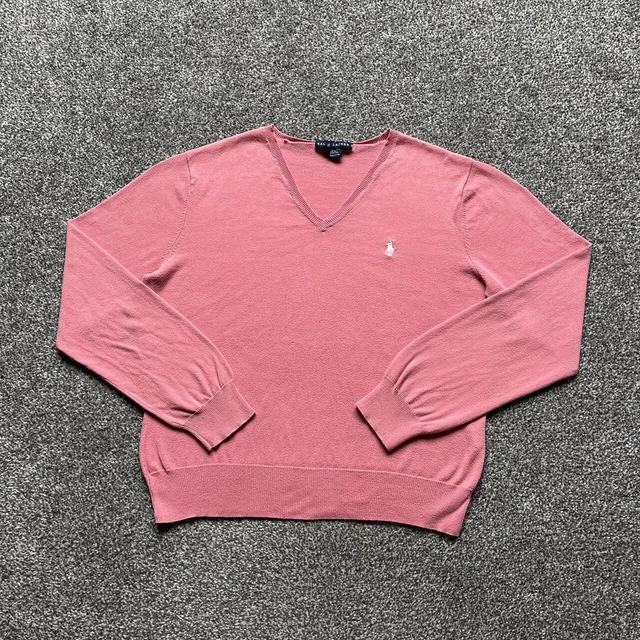 Vintage Ralph Lauren Jumper Womens L Plain Pink V Neck Smart 90s Designer Logo