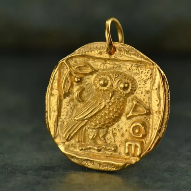24K Gold Plated Ancient Coin Necklace Owl of Athena Greek Women's Chain G886
