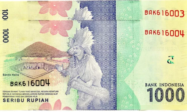 INDONESIA 1000 Rupiah 2016 (2017) P154 Tjut Meutia x 2 Consecutive UNC Banknotes
