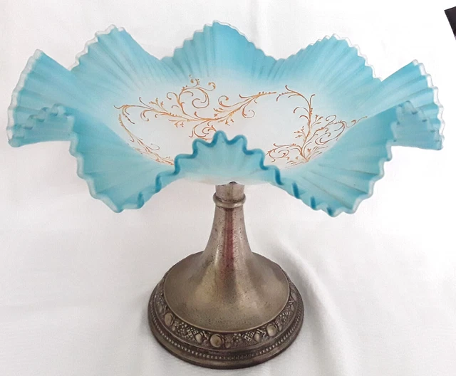 Superb vintage blue glass fruit bowl compote on metal pedestal 11