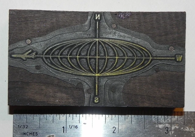 Antique Printers Block; Oval Globe/Airplane/Compass Points