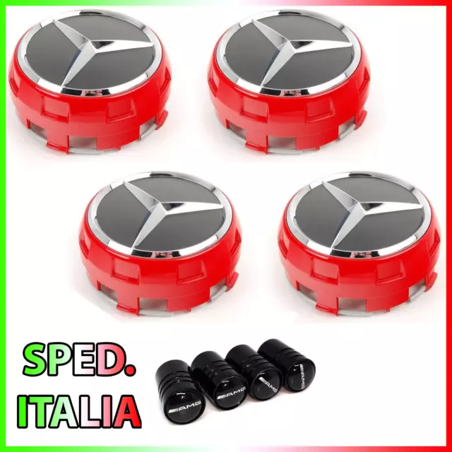 4 Tappi Coprimozzo 75Mm Per Mercedes Benz Cerchi Lega Classe A B C E Gle Rosso