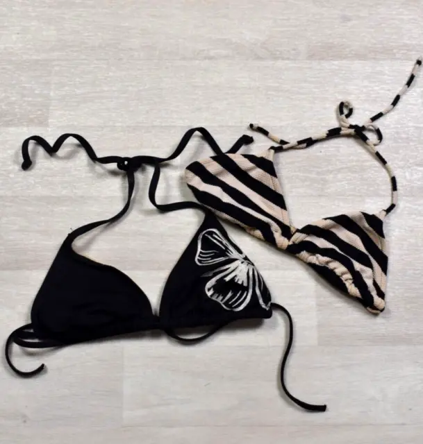 Y2K String Bikini Top Lot of 2 Hibiscus Flower Stripe Black Beige Silver Glitter