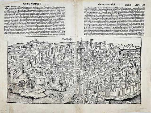 Rare Woodcut - Views of Florence - Hartmann Schedel's Liber Chronicarum - 1493