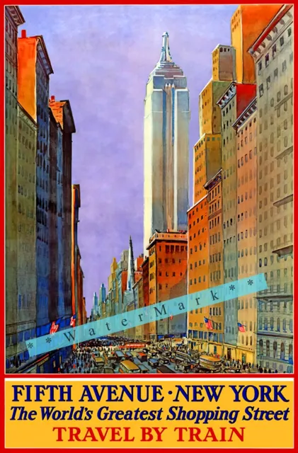 Fifth Ave New York 1932 Travel By Train Vintage Poster Print Retro Style Art
