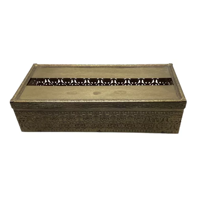 Vintage Hollywood Regency Antique Gold Filigree Tissue Box Holder Mid Century