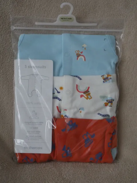 Baby Boys Mothercare 3 Sleepsuits up to 1 Month 100% Cotton (Diggers) BNWT