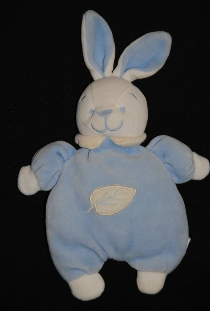 Peluche Doudou Lapin Bleu AUCHAN PROVERA INFLUX Feuille Blanc 25 Cm TBE