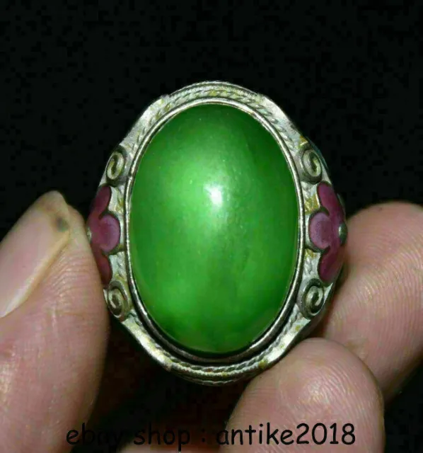 1.4" Old China Silver inlay Green Jade Gem Dynasty Palace Flower Finger Ring