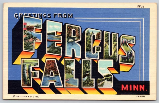 Postcard Greetings from Fergus Falls Minnesota large letter linen O124