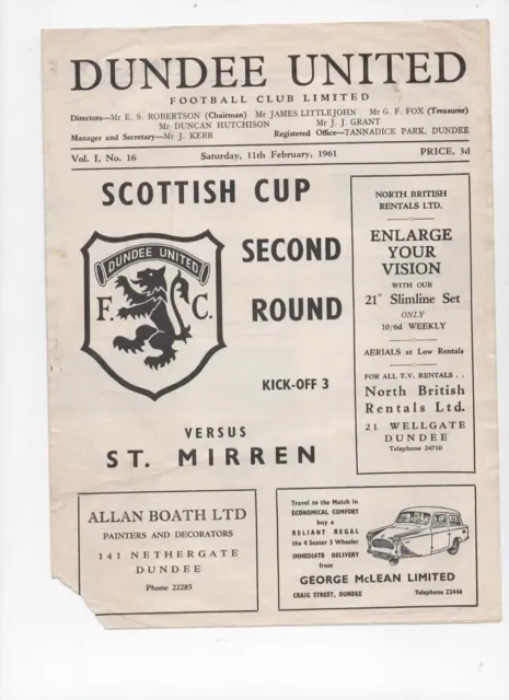 Dundee United v St Mirren 11th February 1961 Scottish Cup Match 2nd round