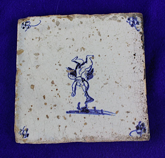 1700s Antique Dutch Delft Blue/White Trumpeting Angel Faience Tile #5