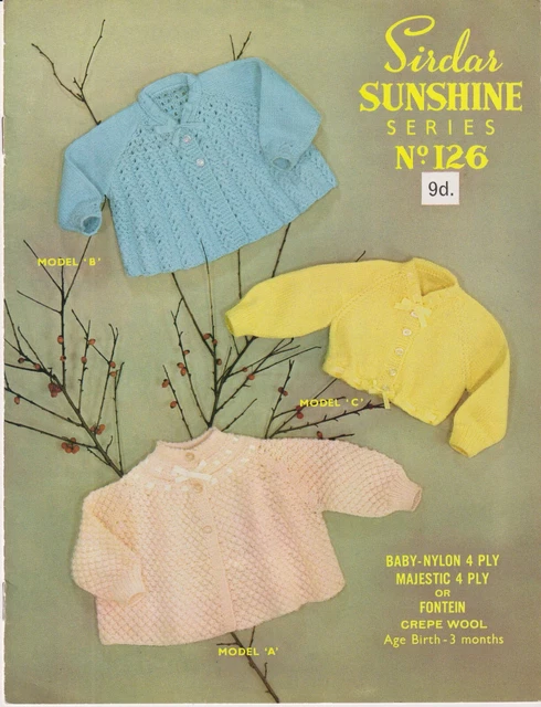 Original Vintage Sirdar Sunshine Strickmuster 126 Baby Matinee Mäntel 0-3m