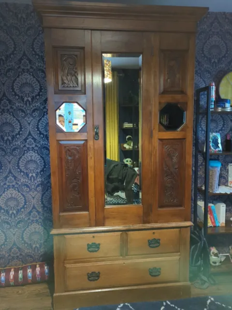 Intricately Carved Edwardian Antique Wardrobe,3 Mirrors Hanging Rail and Drawer