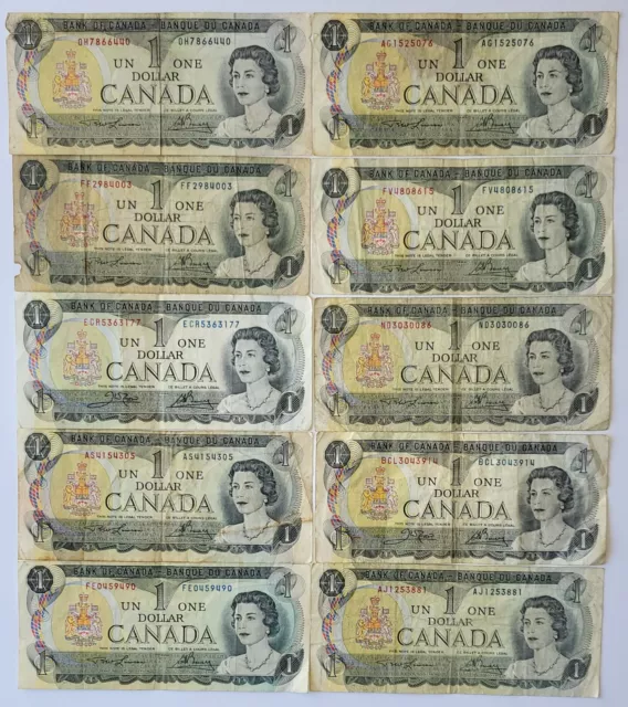 Lot Of 10 1973 Bank Of Canada One 1 Dollar Bank Notes Bills Different Prefixes