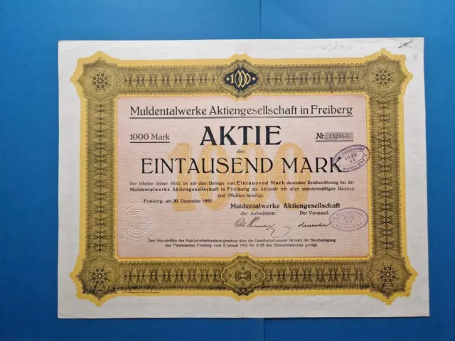 Aktie Muldentalwerke AG 1000 Mark 1922 Freiberg Sachsen kein BaRoV