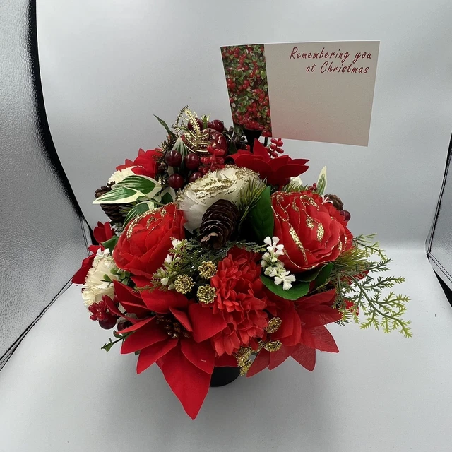 Quality Artificial Christmas  Arrangement Grave vase / Memorial / Crem Pot Red 2