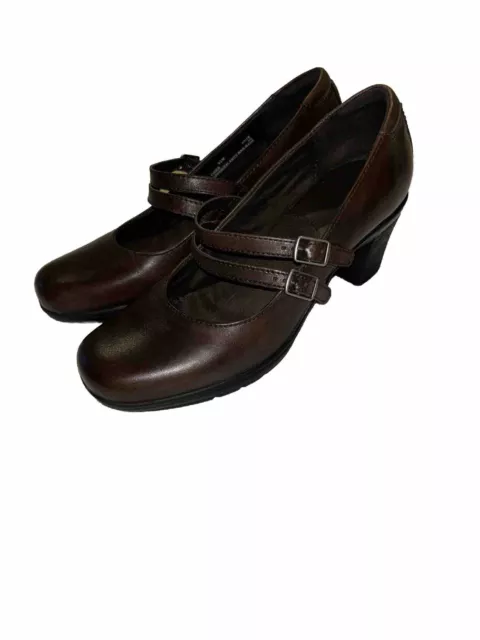CLARKS WOMENS MARY Jane Shoes Pumps Brown Leather Double Buckle Straps ...
