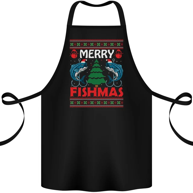 Merry Fishmas Funny Christmas Fishing Cotton Apron 100% Organic