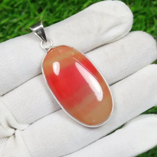 Lovely Natural Red Banded Agate Gemstone .925 Solid Silver Bezel Pendant N-1082