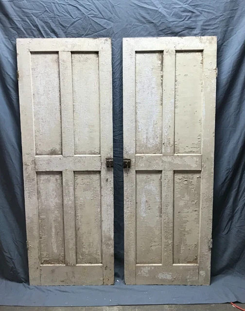 Pair Antique Wood 4 Panel Shabby White Cabinet Cupboard Doors VTG 21x60 188-23B 2