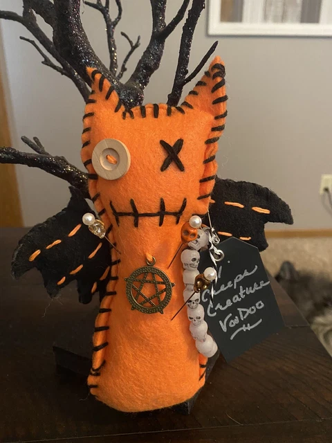 Voodoo BAT Doll & Skull Bracelet & Skull Pins 7 In Haunted Horror Poppet Plush