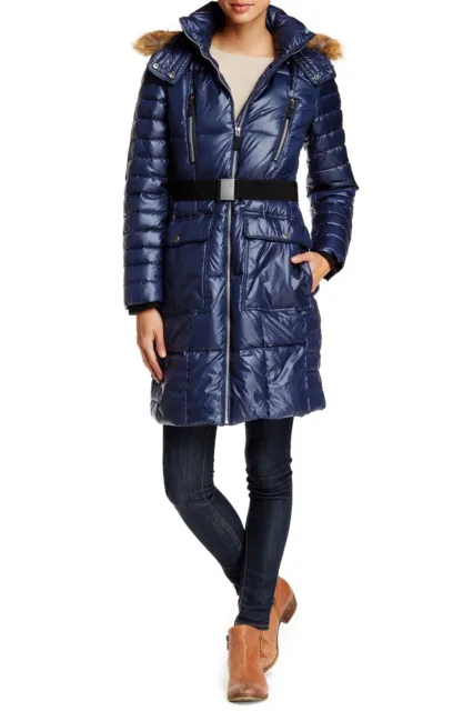 Andrew Marc Women's Fur Trim Hood Quilted Puffer Down Coat Jacket Blue Size XL