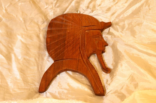 Vintage Icon of Tutankhamun Pharaoh Egypt, Hand Carved Statue Wooden Wall Decor