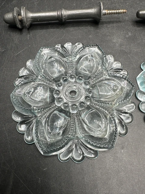 Set 2 Antique Victorian Aqua Glass Curtain Tie Backs 4 1/2" with Hardware 2