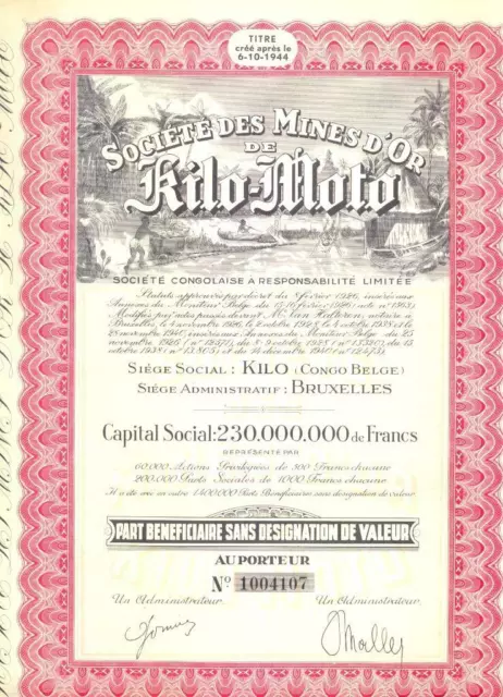 1926 Societe des Mines d'Or de Kilo-Moto bond - Belgian Congo gold mine stock