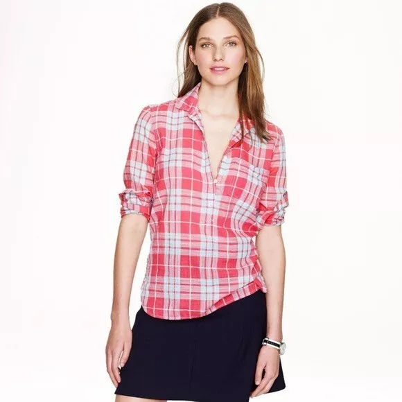 J. Crew Gauze Tartan Plaid Long Sleeve Popover Shirt Preppy Cotton Red Blue XS