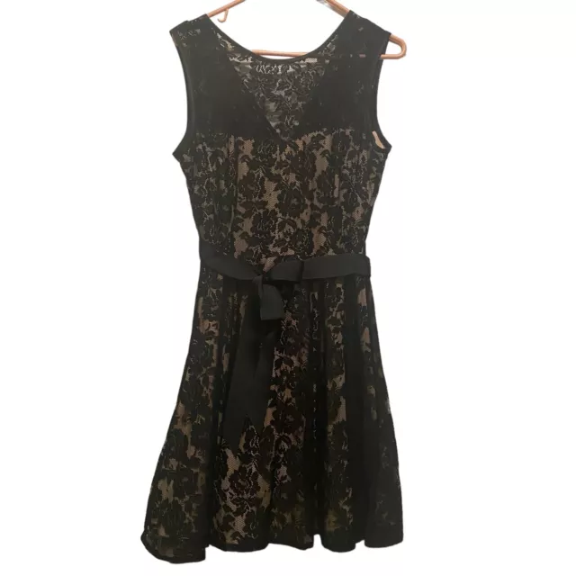 BETSY & ADAM Womens Sleeveless Lace Dress V-Neck Black Nude Belted 14