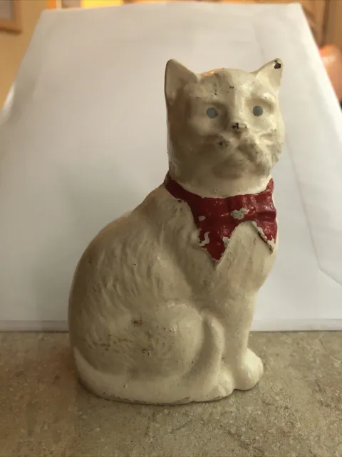 Vintage Cat Cast Iron Metal Coin Bank - White with Red Bow Heavy
