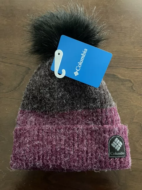 Columbia Winter Blur Pom Pom Beanie Hat One Size Womens NWT Grey Magenta