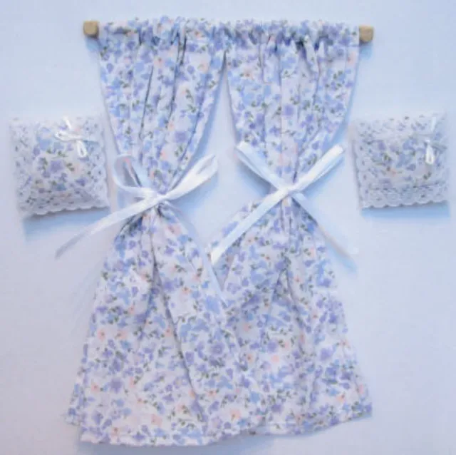 1/12. dolls house blue Miniature Curtains on rail & Cushions miniature DIY LGW