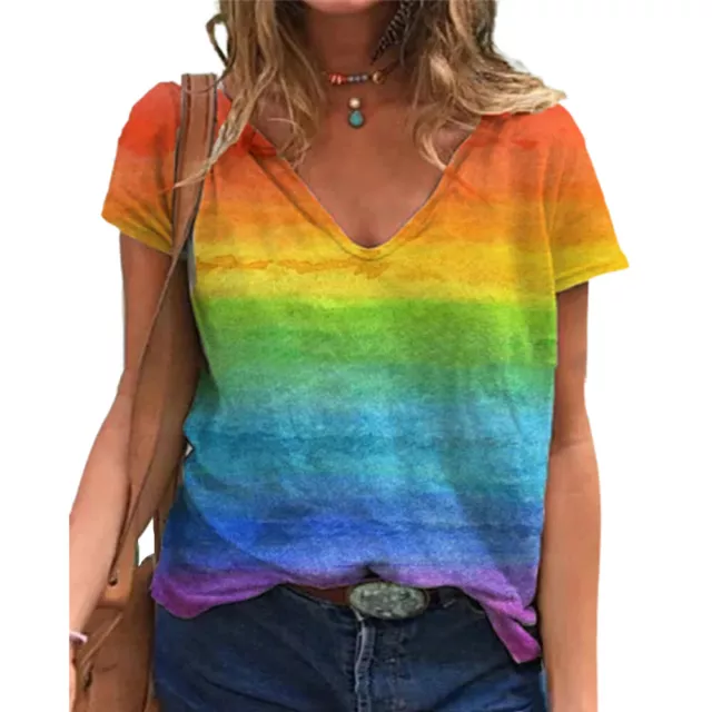 Women Short Sleeve T-Shirt Rainbow Stripe V-Neck Summer Casual Blouse Loose Tops