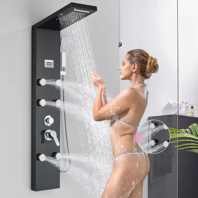 Sistema de masaje torre de panel de ducha negro lluvia y cascada jet grip acero inoxidable
