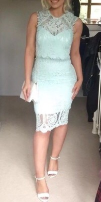 Lipsy VIP Lace Bodycon Dress 14 Mint Green Wiggle Evening Wedding Party Midi