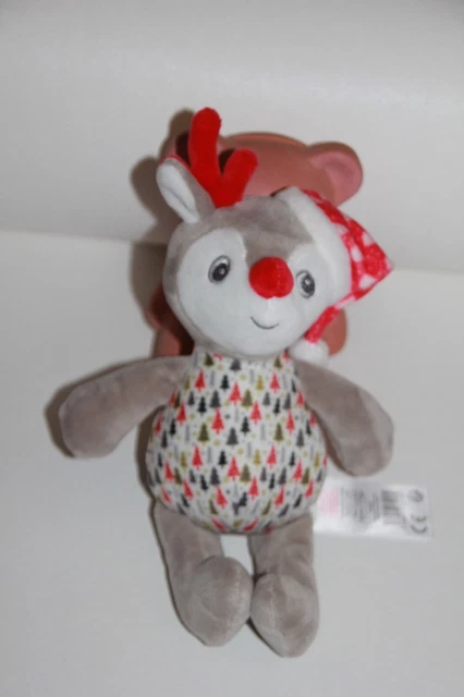 DOUDOU PELUCHE TOM ET KIDDY BISOUS D'ANGE RENNE GRIS NEZ ROUGE SAPIN GRELOT 25cm