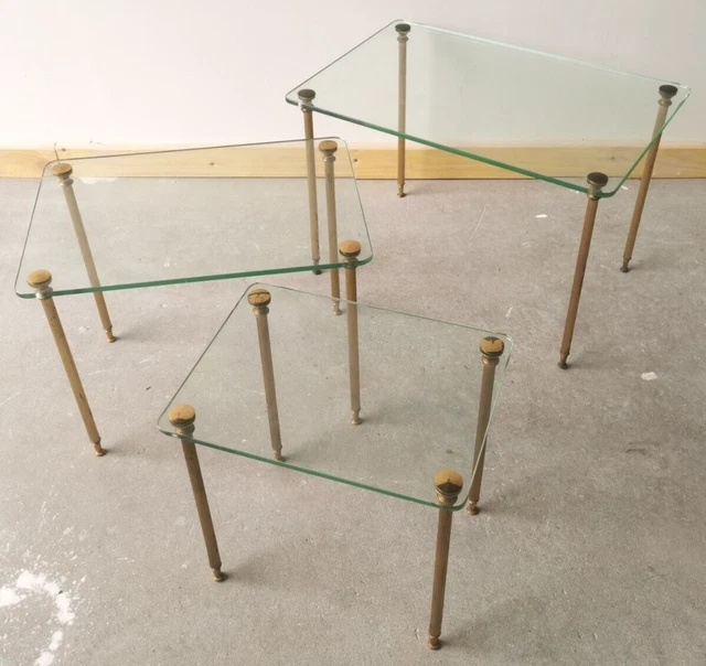 Table D'appoint Vintage 70's En Verre Et Laiton - Bout De Canapé Carré Art Déco