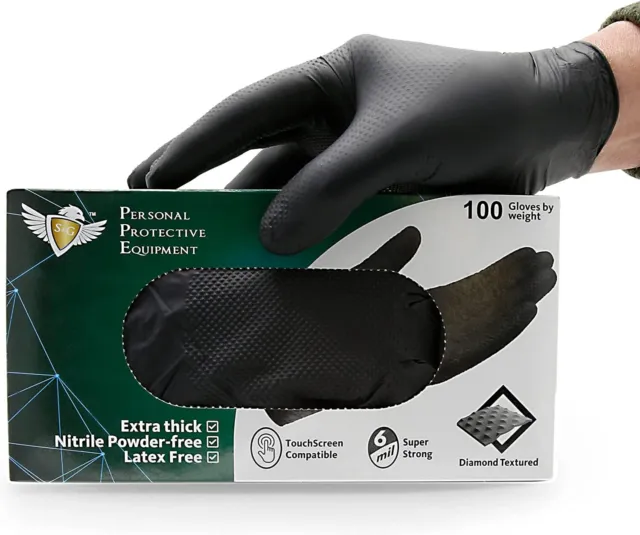 S&G Heavy Duty Black Nitrile Gloves Latex Powder Free 6 Mil 100pcs 1000 M/L/XL