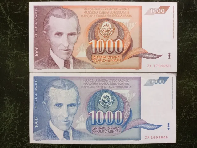 YUGOSLAVIA  1000 & 1000 Dinara 1990/1991 Tesla, prefix ZA
