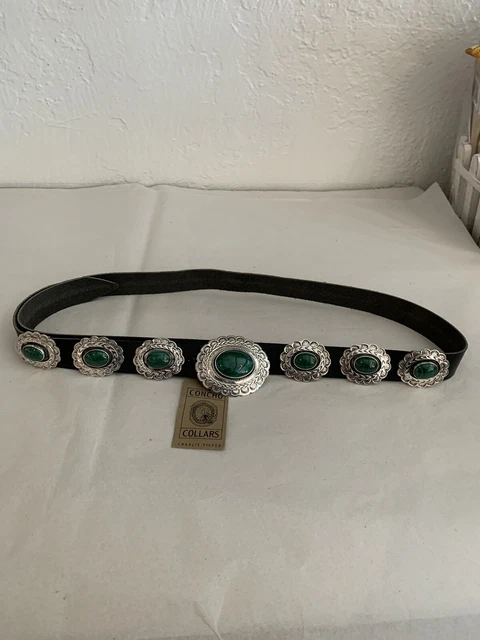 Ladies Concho Belt Sterling Silver with Malachite Stones with Black Leather Belt
