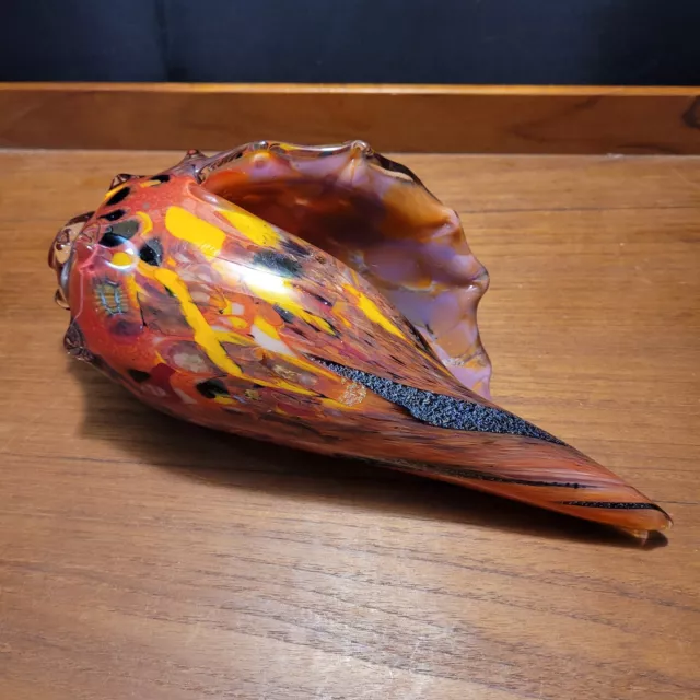 Jon Oakes #138 9 1/2" Orange Yellow Multi Iridescent Sparkle Art Glass Shell