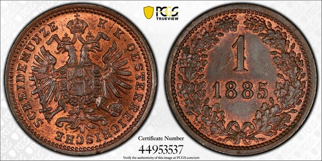 1885 Austria One Kreuzer PCGS MS65 RB Great Surfaces and Luster Gold Shield 1794