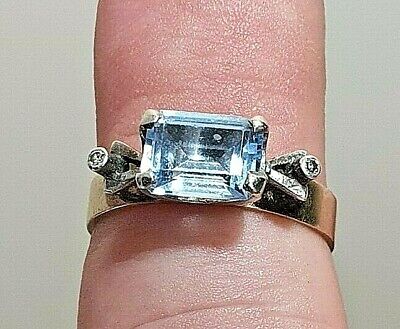 Antique Solid 9 Carat Gold Ring Diamonds & Emerald Cut Blue Spinel 2.5 Ct Gem