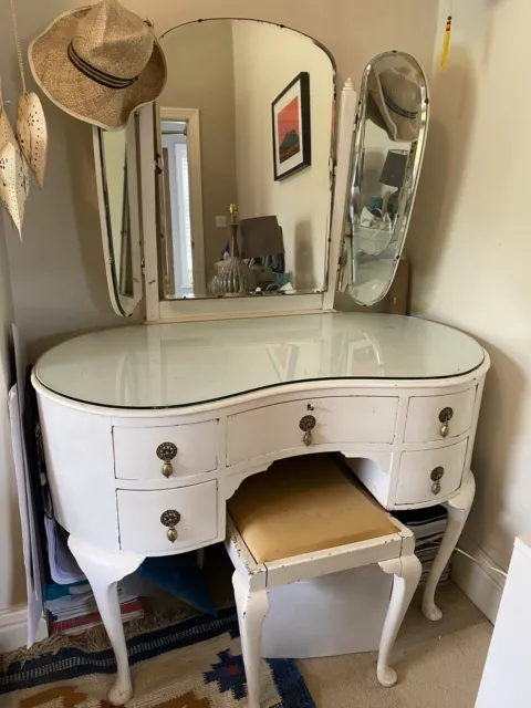 Vintage French Louis Style Dressing Table with Triple Mirror and Matching Stool