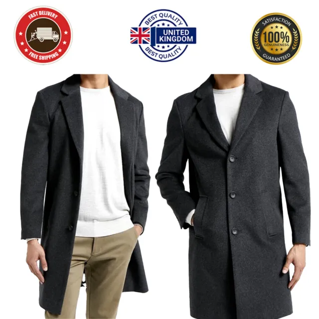 Mens Ex Branded Long Coat Wool Overcoat Outwear Warm Formal Button Up Official