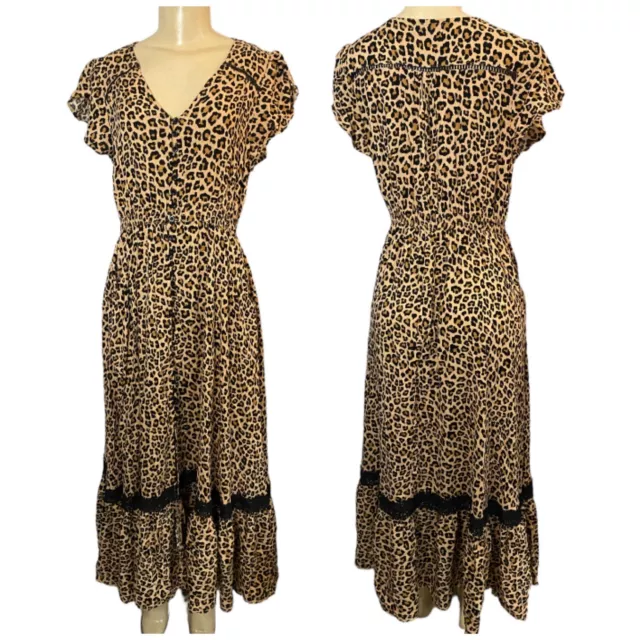 Caroline Morgan Leopard Print Maxi Dress In Multi Beige Button Up Size Medium